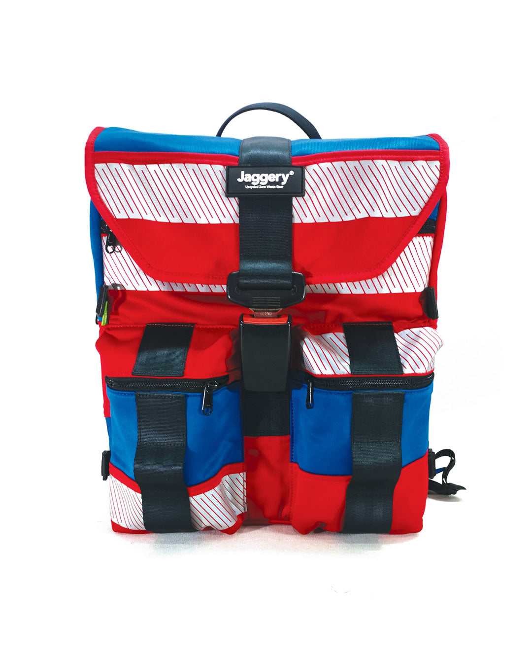 Stealth Backpack in Red and Blue Hi-Vis Safety Jackets with Car Seat Buckle