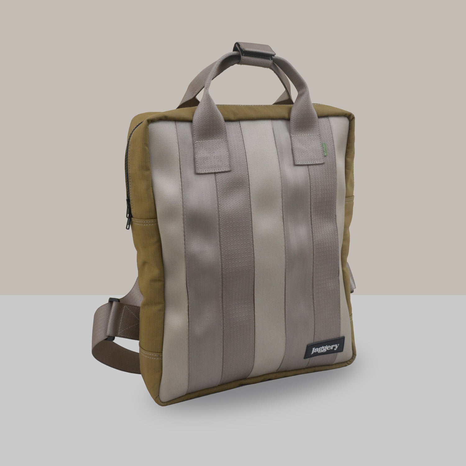 Arrive Upcycled Backpack in Beige Car Seat Belts and Khaki Canvas [15"laptop bag]