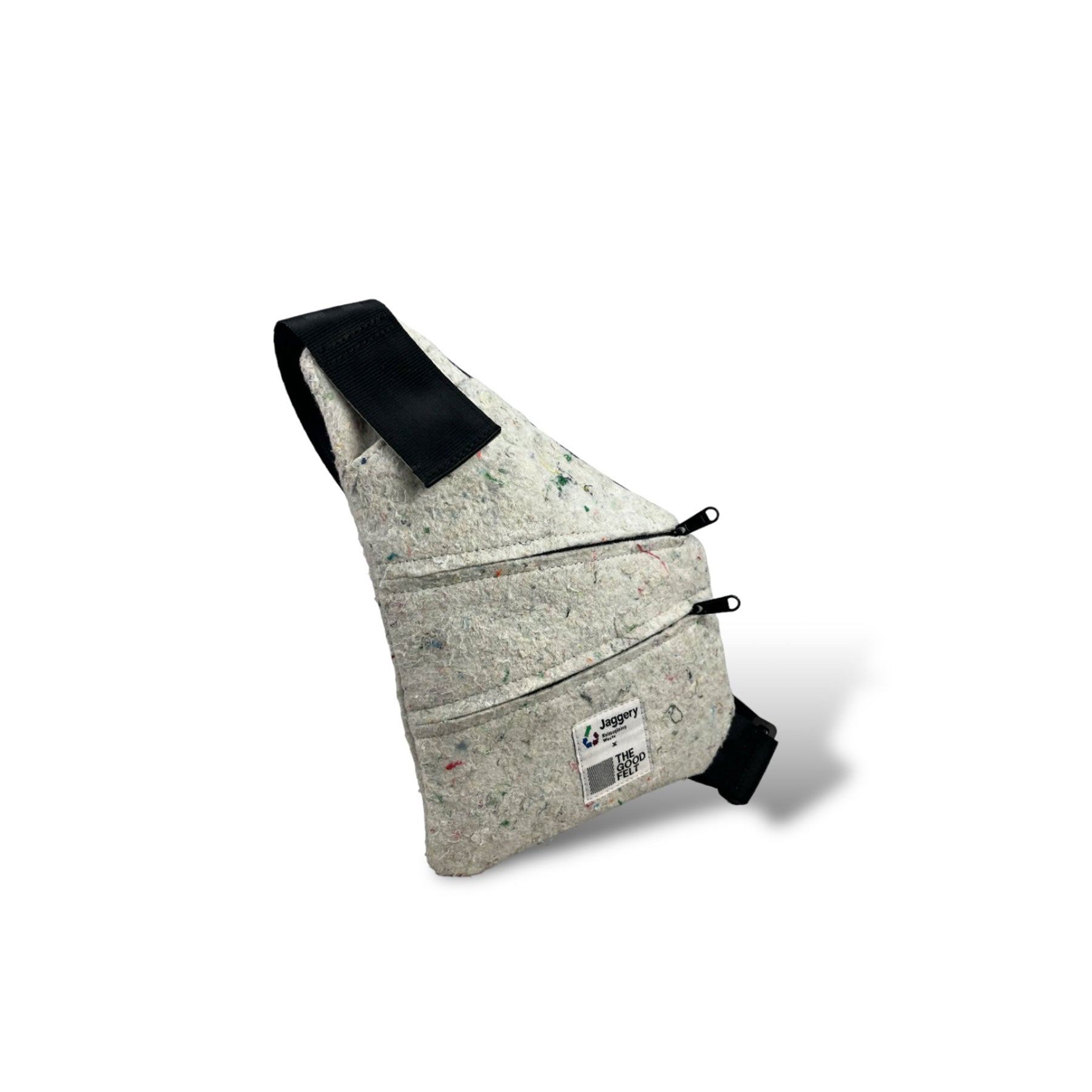 The Good Hideaway Bag in White Felt and Rescued Black Car Seat Belts