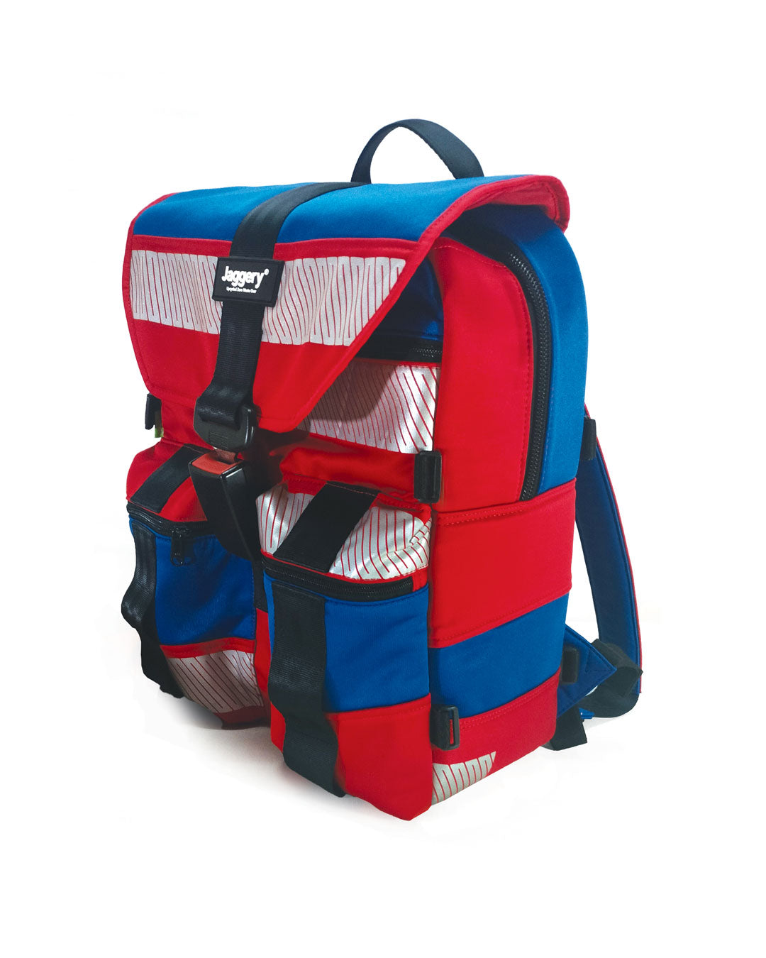 Stealth Backpack in Red and Blue Hi-Vis Safety Jackets with Car Seat Buckle
