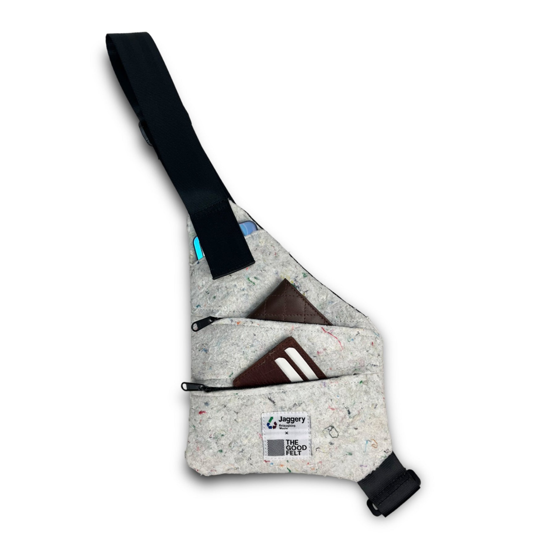 The Good Hideaway Bag in White Felt and Rescued Black Car Seat Belts