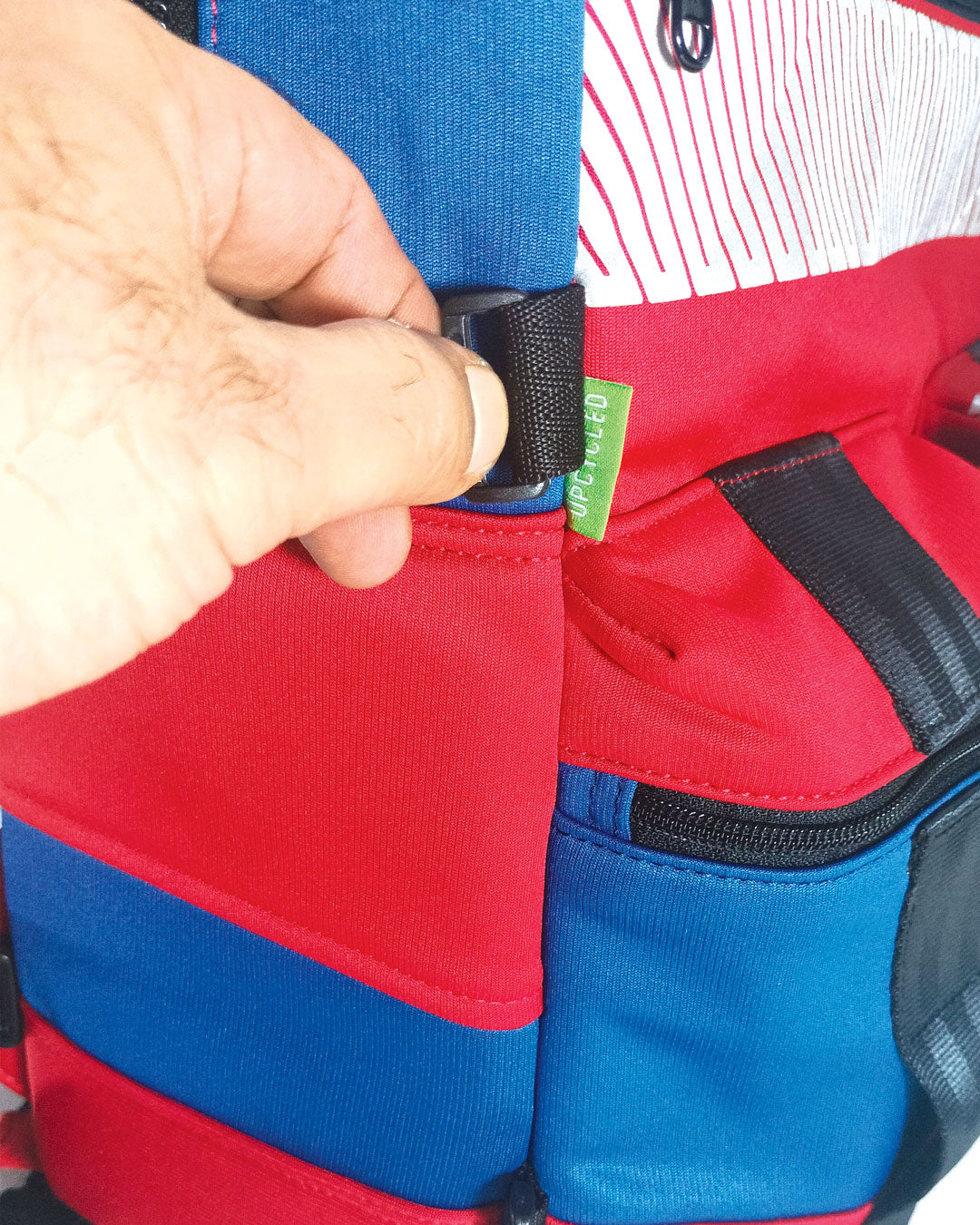 Stealth Backpack in Red and Blue Hi-Vis Safety Jackets with Car Seat Buckle