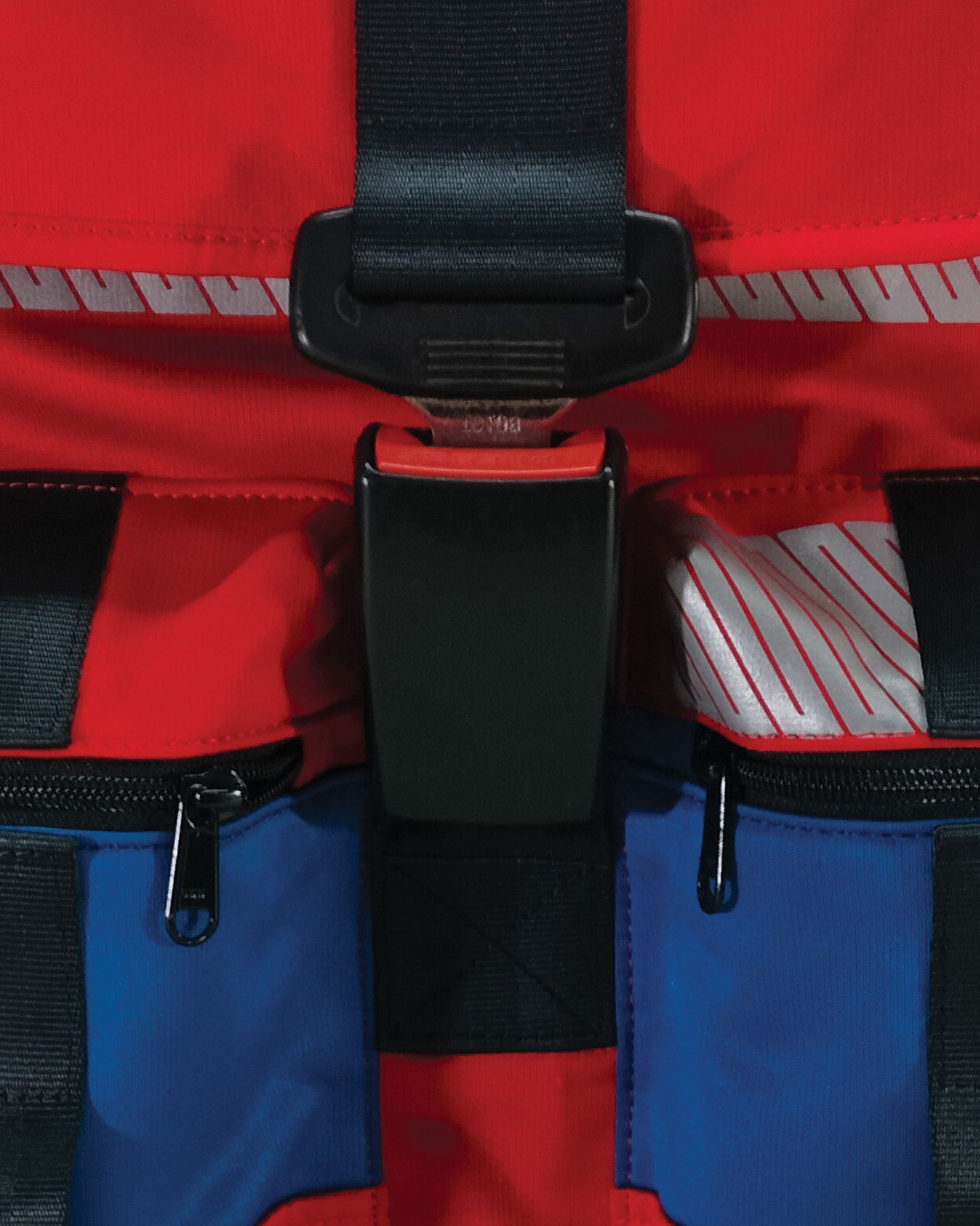 Stealth Backpack in Red and Blue Hi-Vis Safety Jackets with Car Seat Buckle