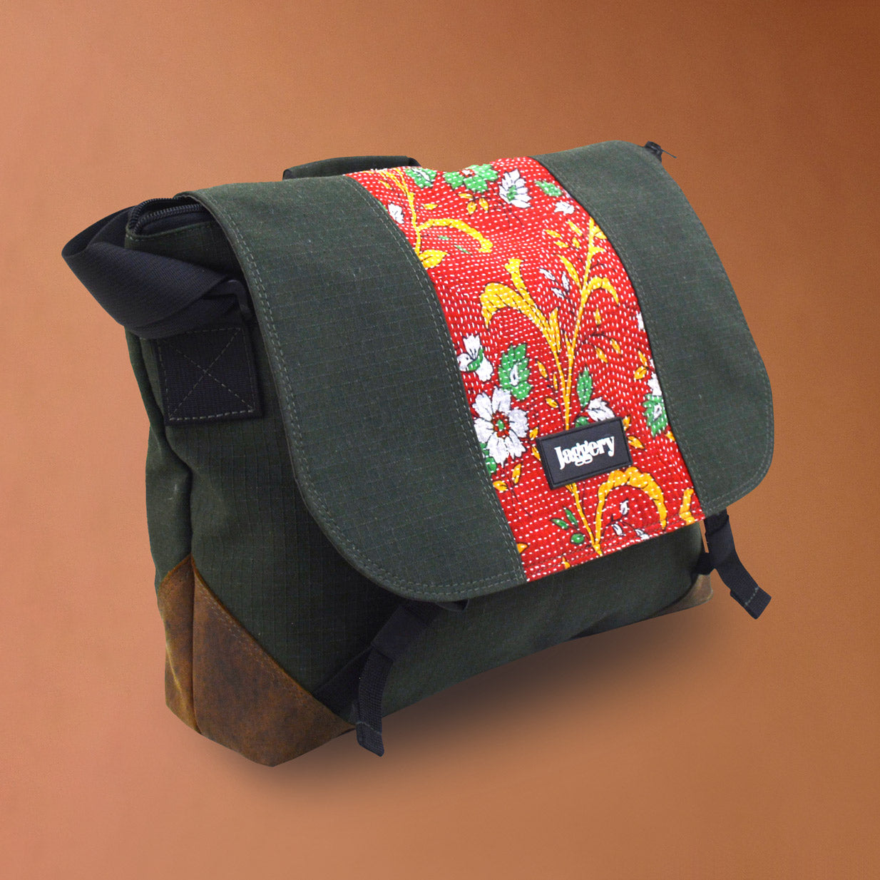 Punar Prayog Doer's Messenger Bag in Ex-Army Olive Green Canvas & Red Kantha  [15" laptop bag]