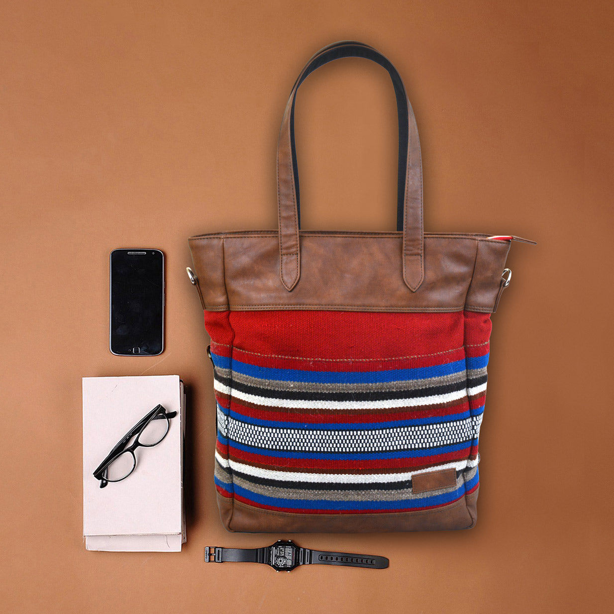 Punar Prayog Quintessential Tote Bag in Vegan Leather and Red Yak Wool Shawl (15")