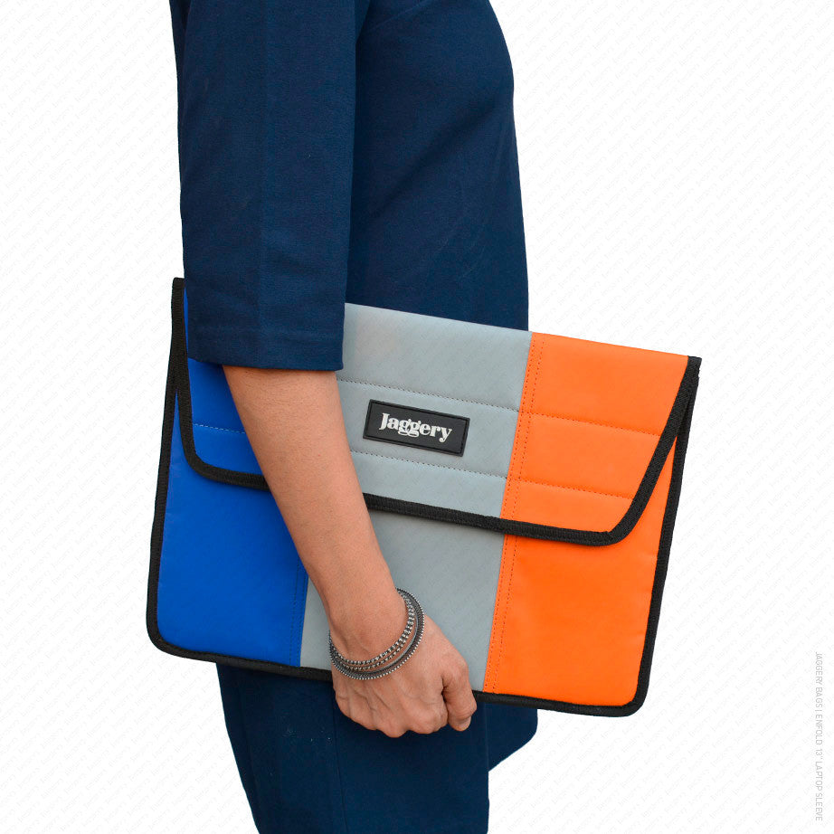 Enfold 13" Laptop Sleeve in Indigo Blue, Grey and Orange