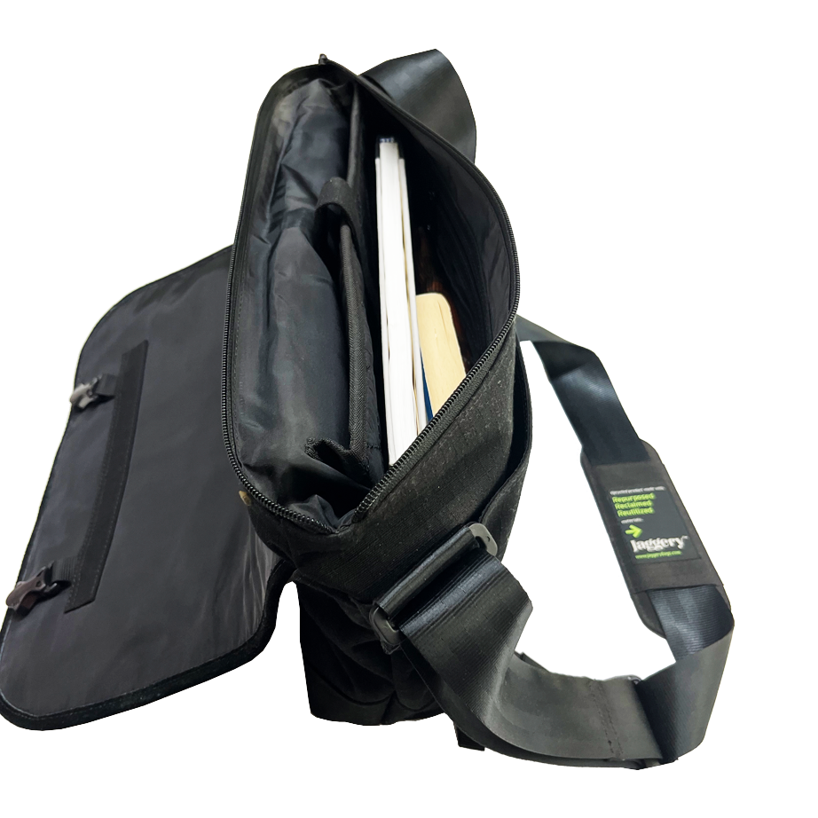 Serially Circular Doer's Messenger Bag in Ex-British Cargo Belts and Rescued Car Seat Belts [13" compatible]