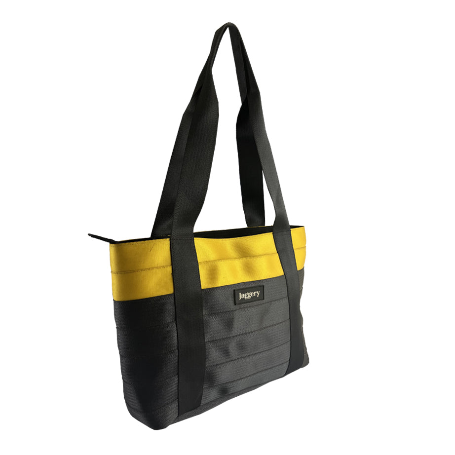 Surplus Yellow & Black Tote Bag in Cargo Belts and Car Seat Belts
