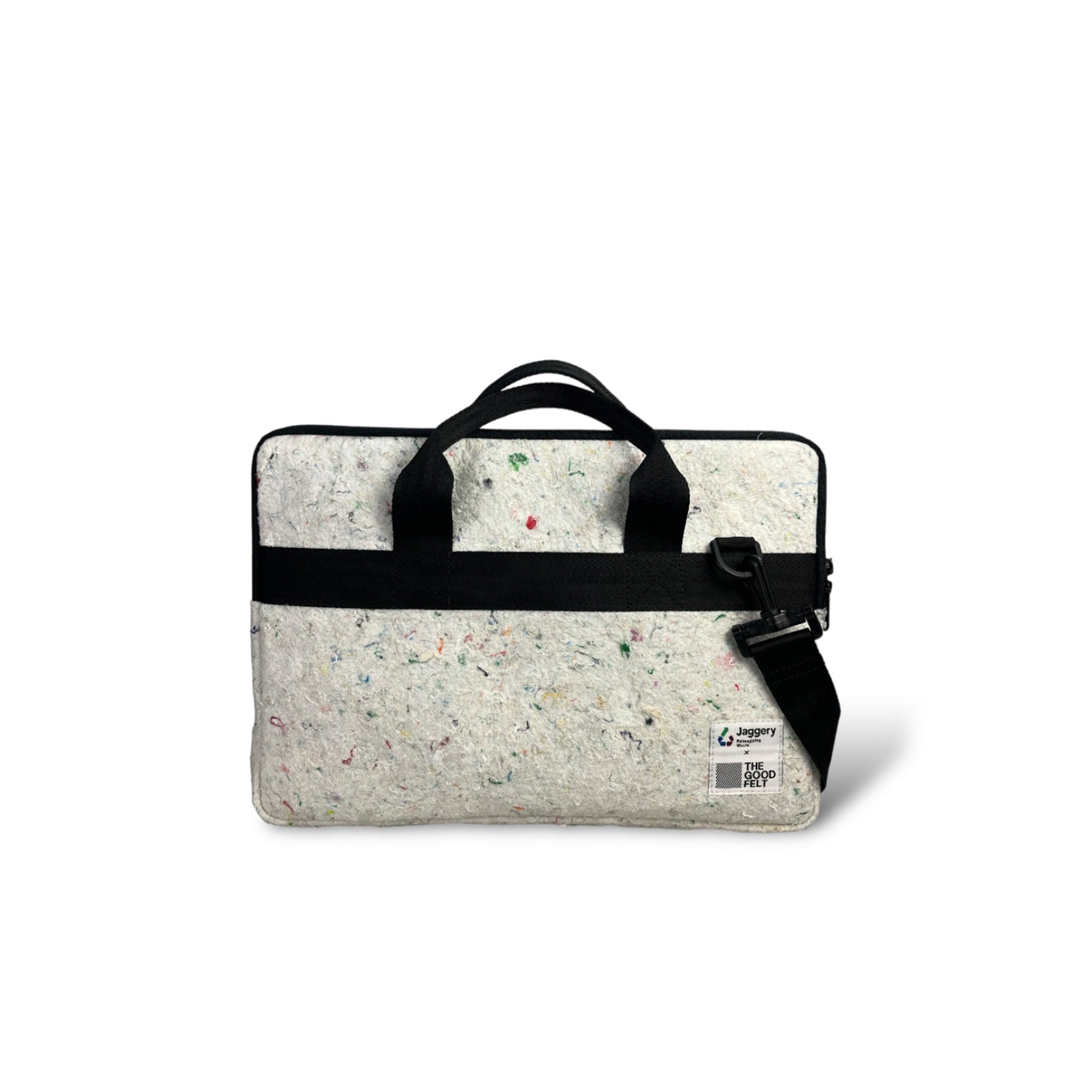 The Good Laptop Sleeve (15") in White Felt and Rescued Black Car Seat Belts