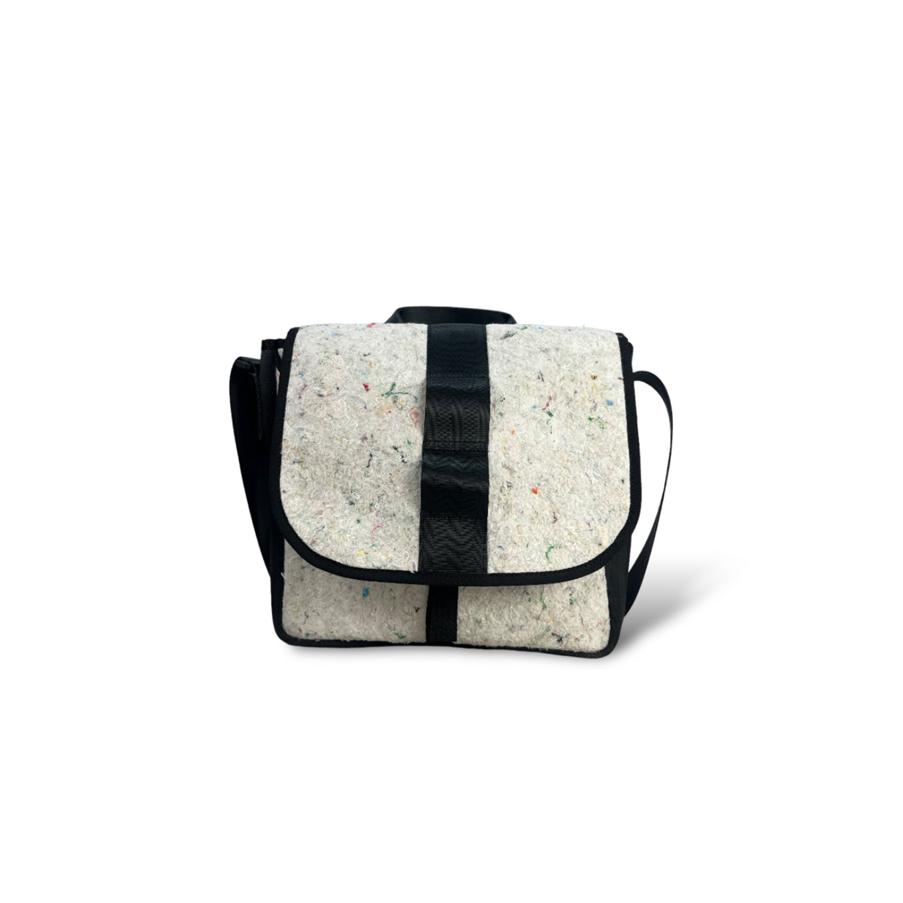 The Good Satchel in White Felt and Rescued Black Car Seat Belts [10" Cafe Bag]