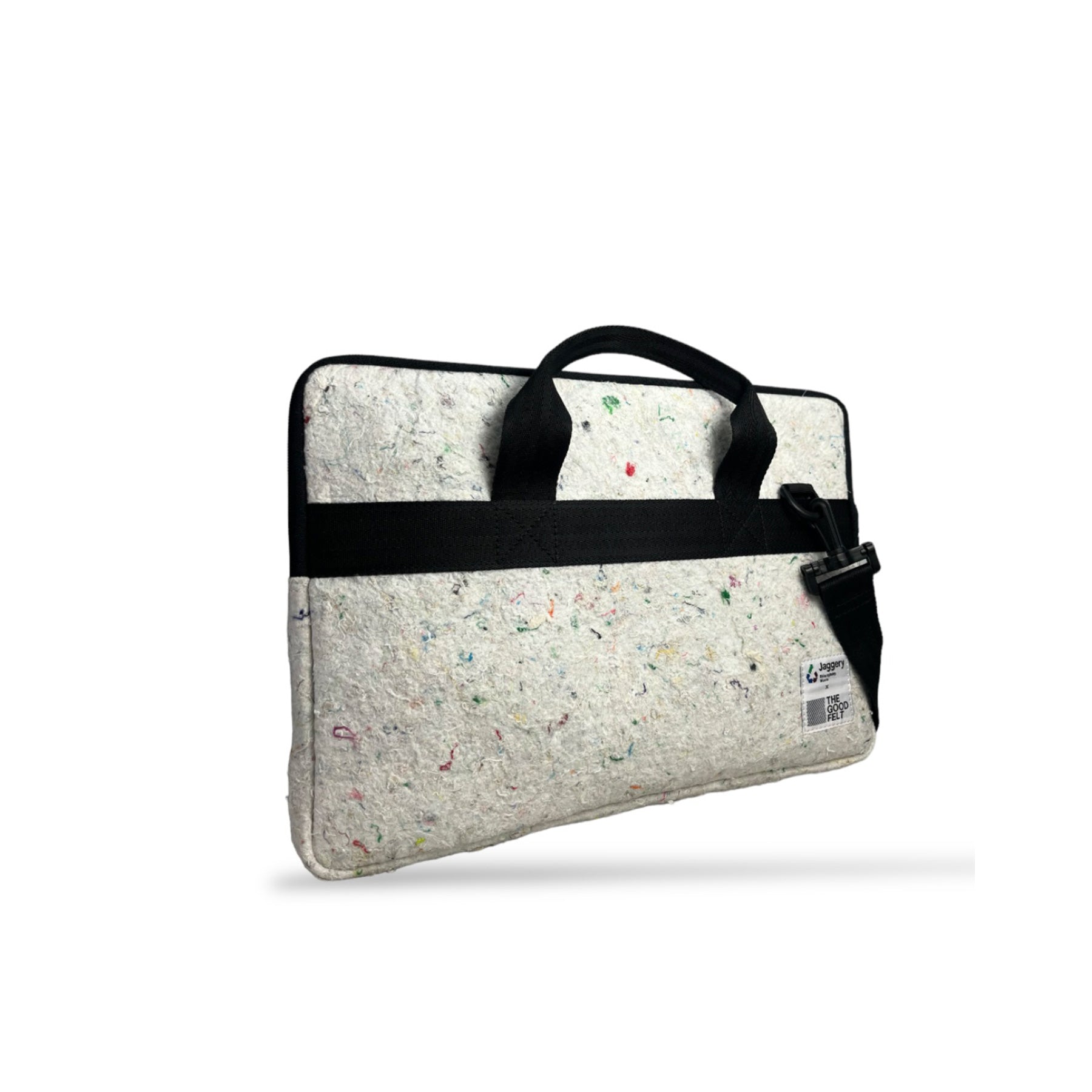 The Good Laptop Sleeve (15") in White Felt and Rescued Black Car Seat Belts