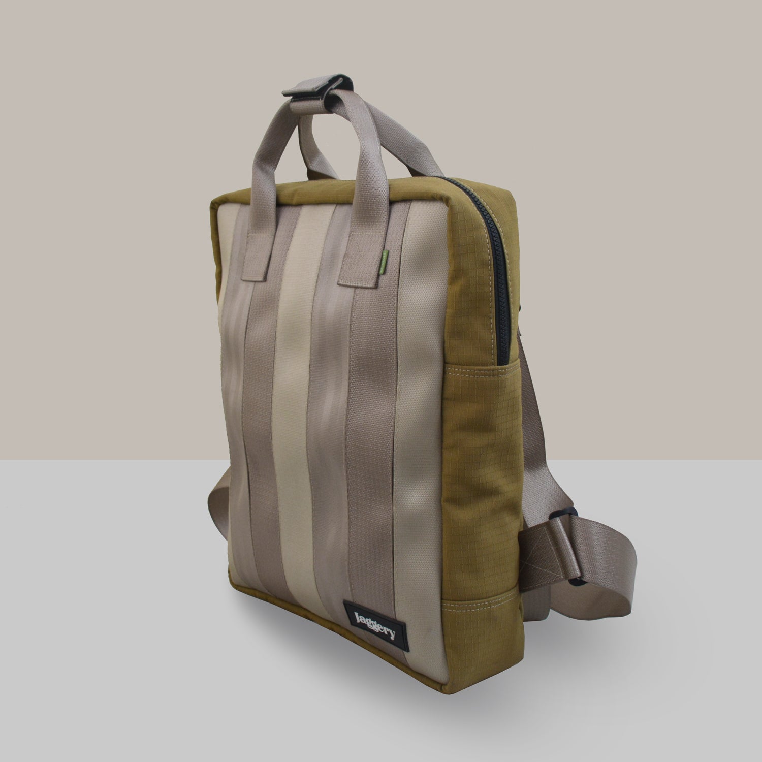 Arrive Upcycled Backpack in Beige Car Seat Belts and Khaki Canvas [15"laptop bag]