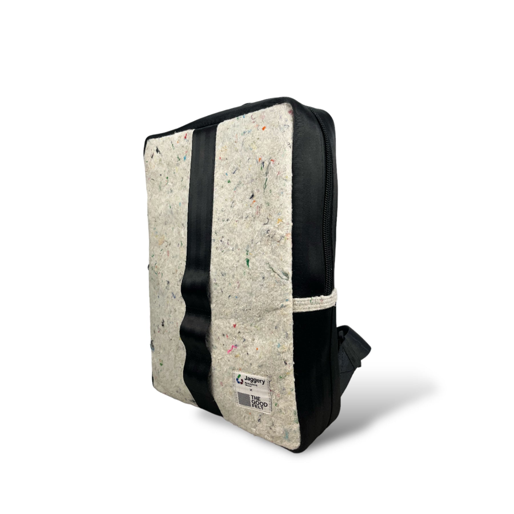 The Good Backpack in White Felt and Rescued Black Car Seat Belts [15" laptop Bag]