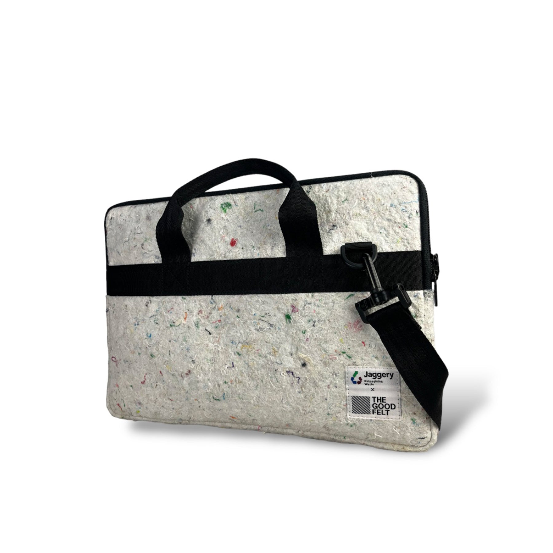 The Good Laptop Sleeve (15") in White Felt and Rescued Black Car Seat Belts