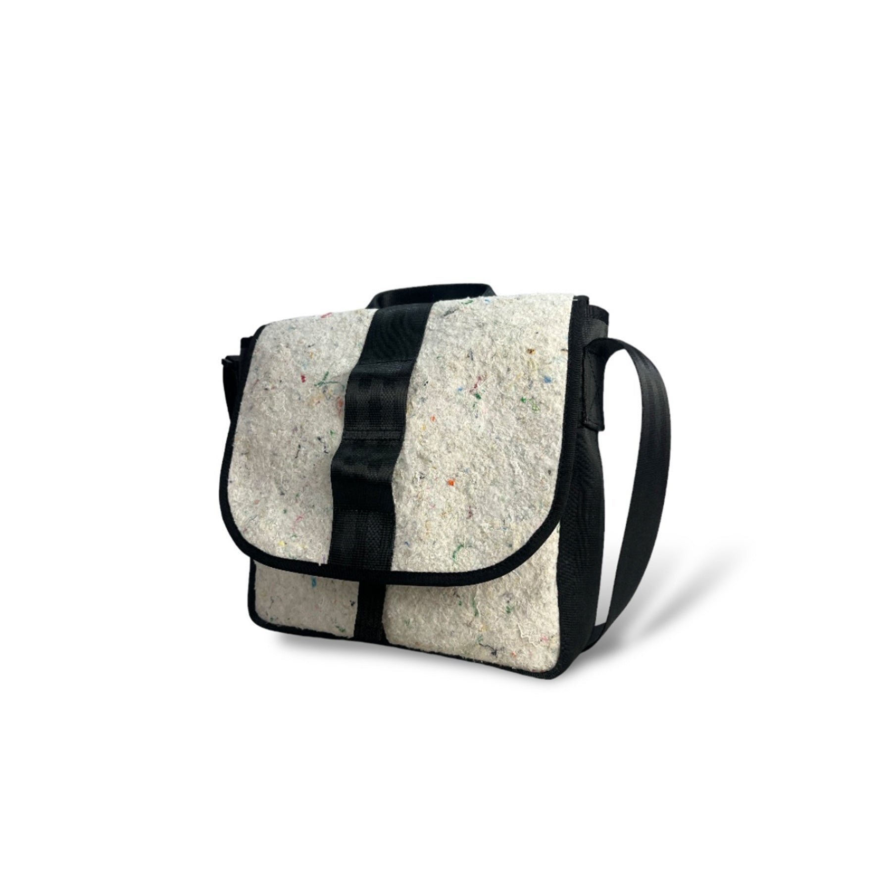 The Good Satchel in White Felt and Rescued Black Car Seat Belts [10" Cafe Bag]