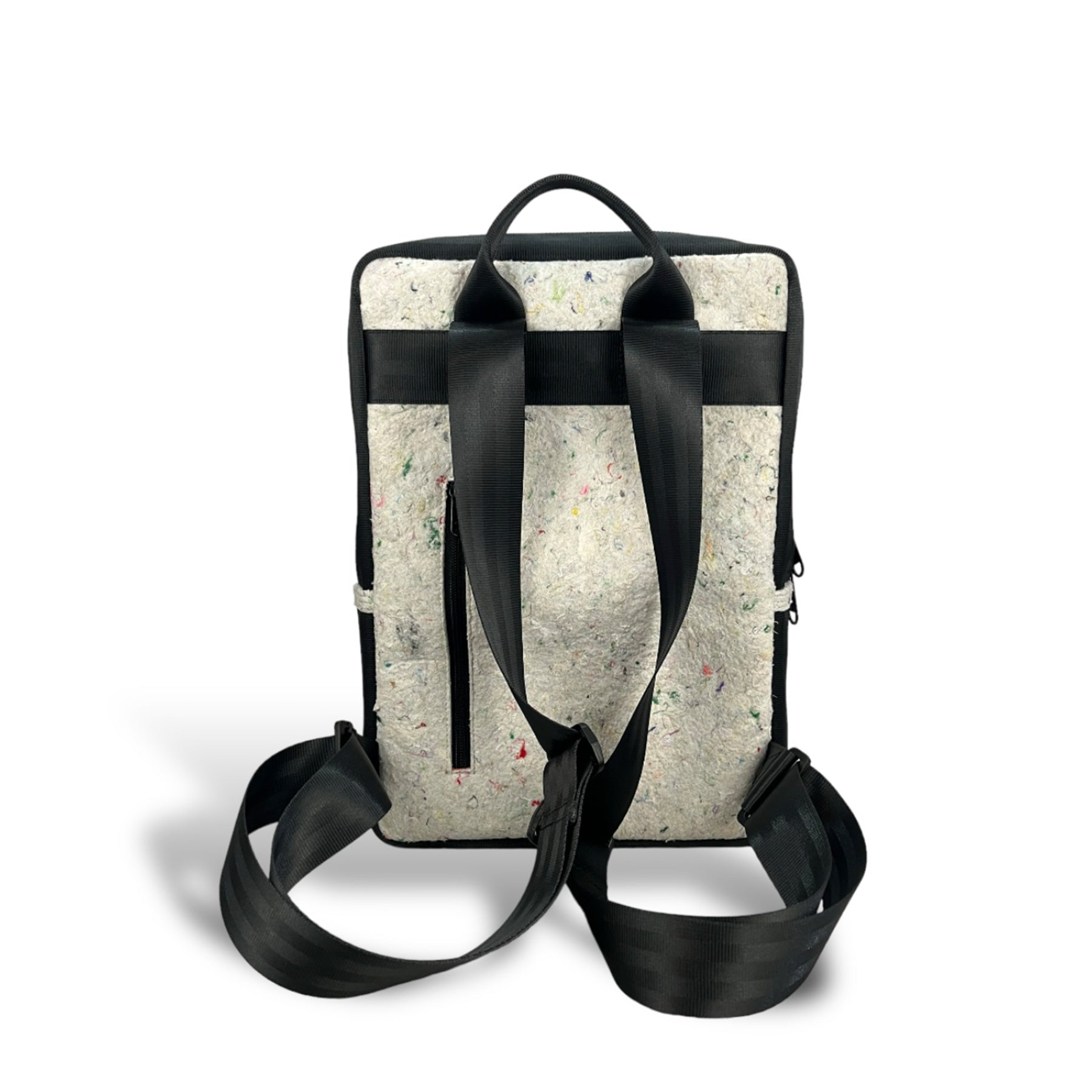 The Good Backpack in White Felt and Rescued Black Car Seat Belts [15" laptop Bag]