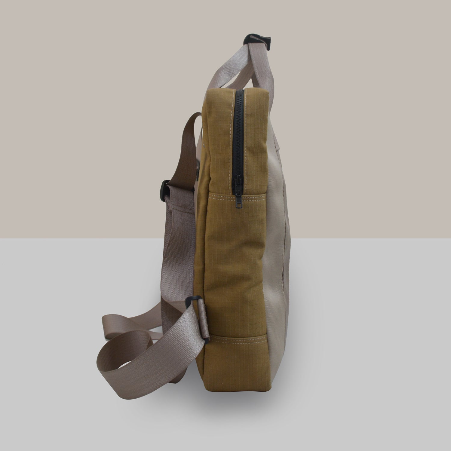 Arrive Upcycled Backpack in Beige Car Seat Belts and Khaki Canvas [15"laptop bag]
