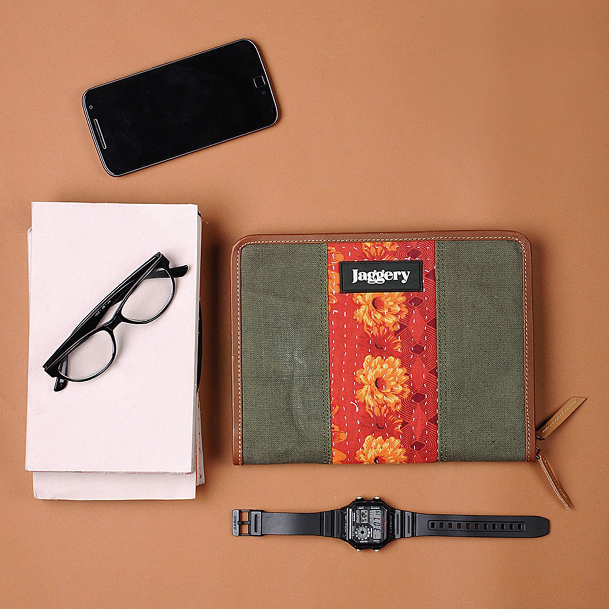 Punar Prayog A5 Organizer in Ex-Army Olive Green Canvas and Kantha [Moleskine Diary]