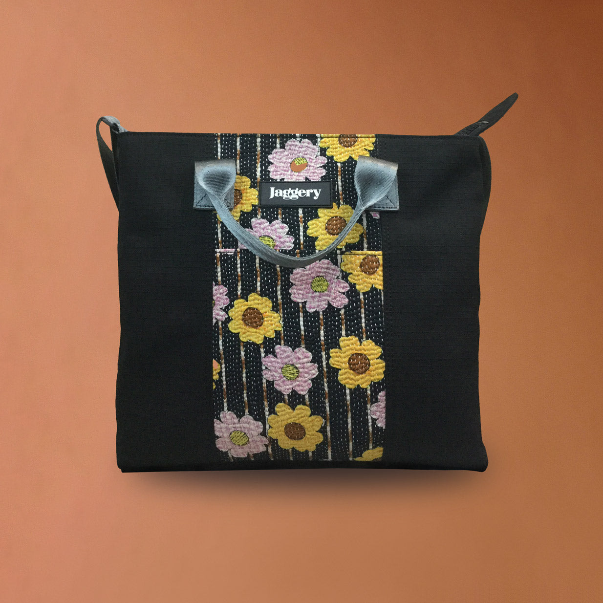 Punar Prayog Chota Messenger Bag in Ex-Army Black Canvas & Vintage Kantha [add on bag]