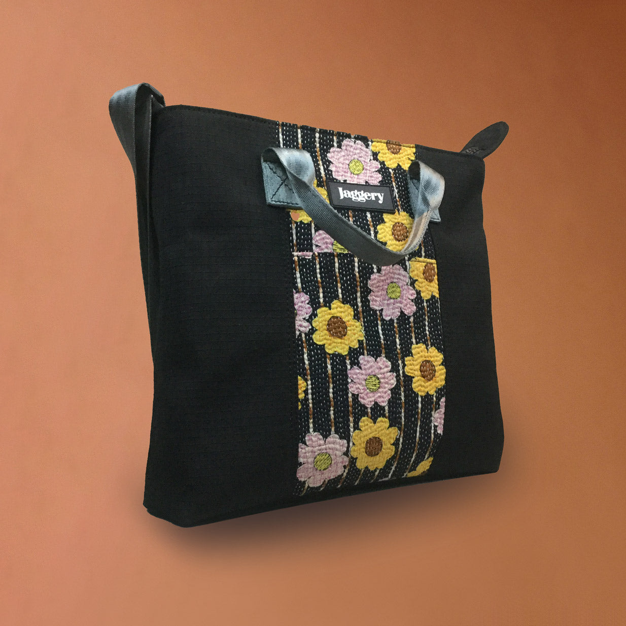 Punar Prayog Chota Messenger Bag in Ex-Army Black Canvas & Vintage Kantha [add on bag]