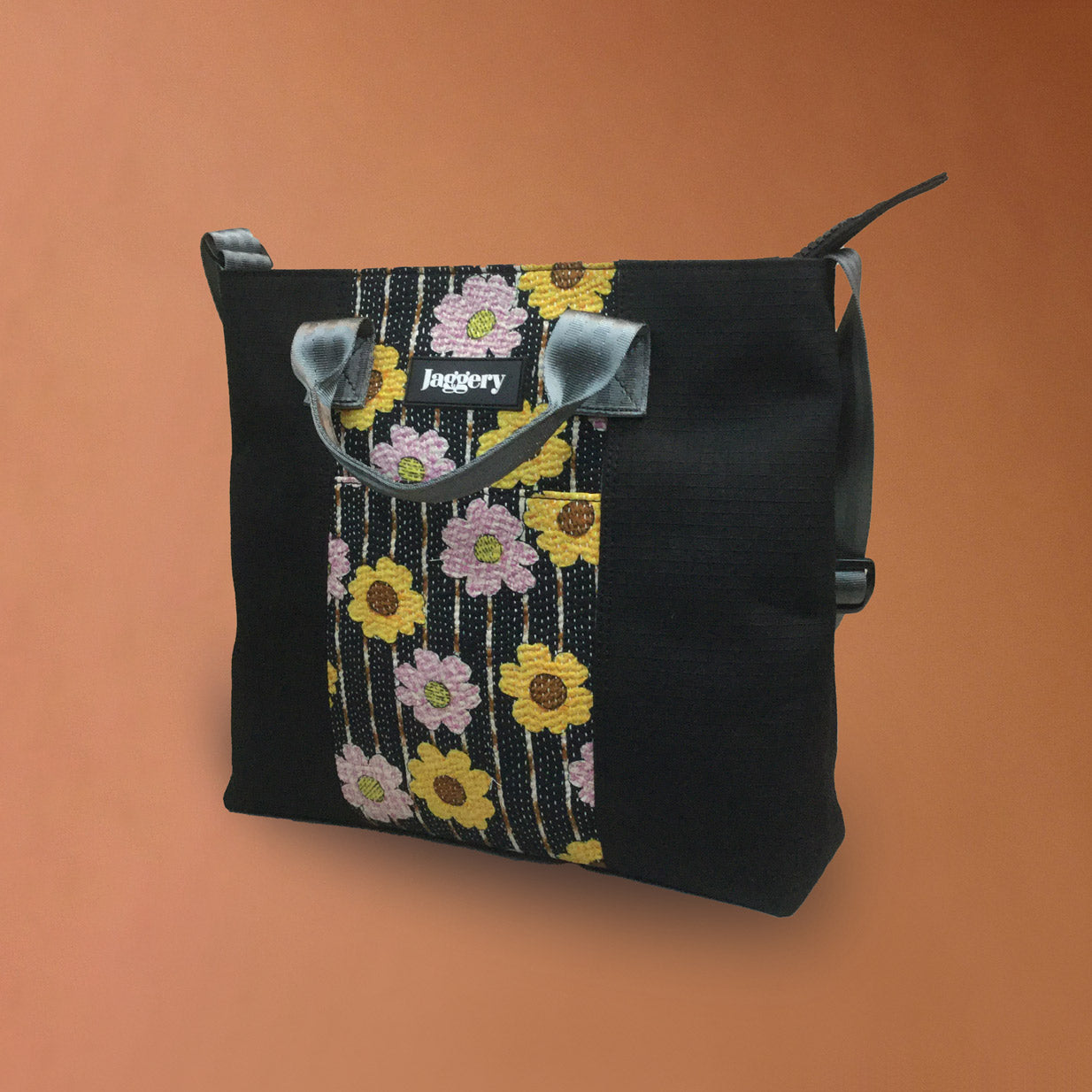 Punar Prayog Chota Messenger Bag in Ex-Army Black Canvas & Vintage Kantha [add on bag]