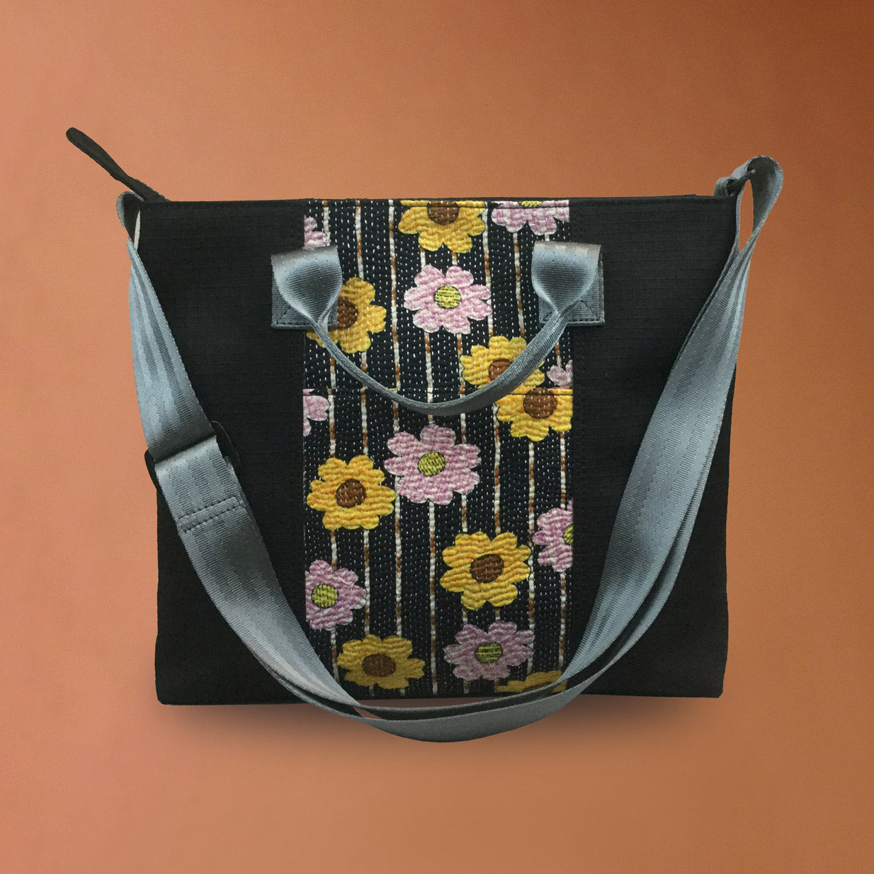 Punar Prayog Chota Messenger Bag in Ex-Army Black Canvas & Vintage Kantha [add on bag]