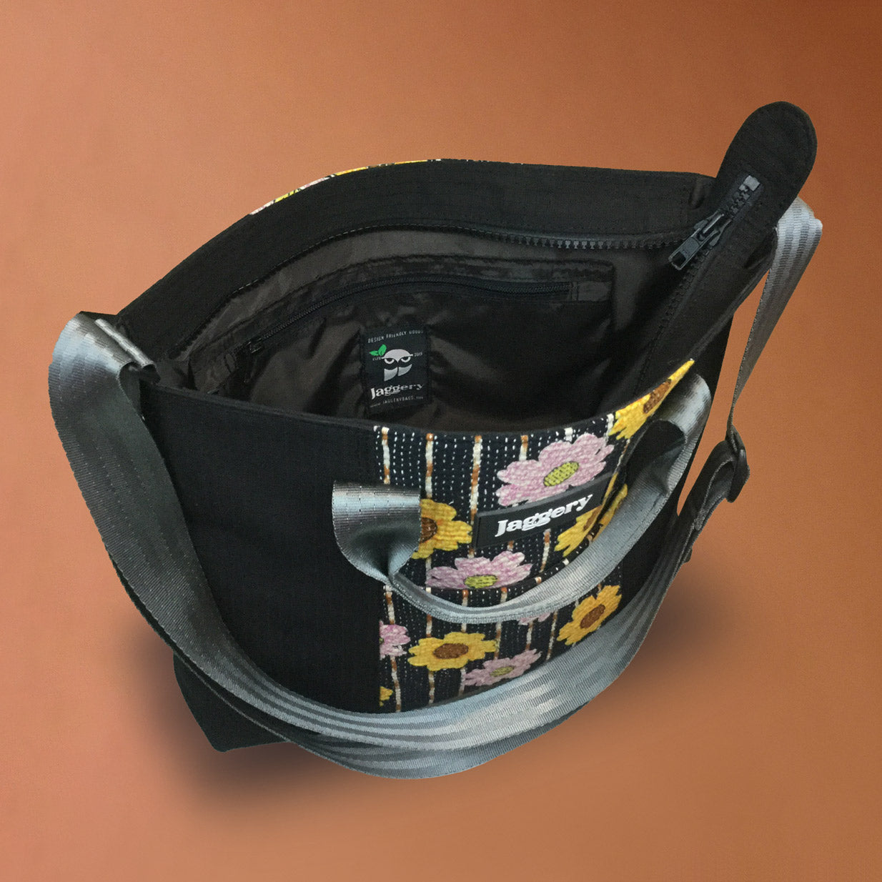 Punar Prayog Chota Messenger Bag in Ex-Army Black Canvas & Vintage Kantha [add on bag]