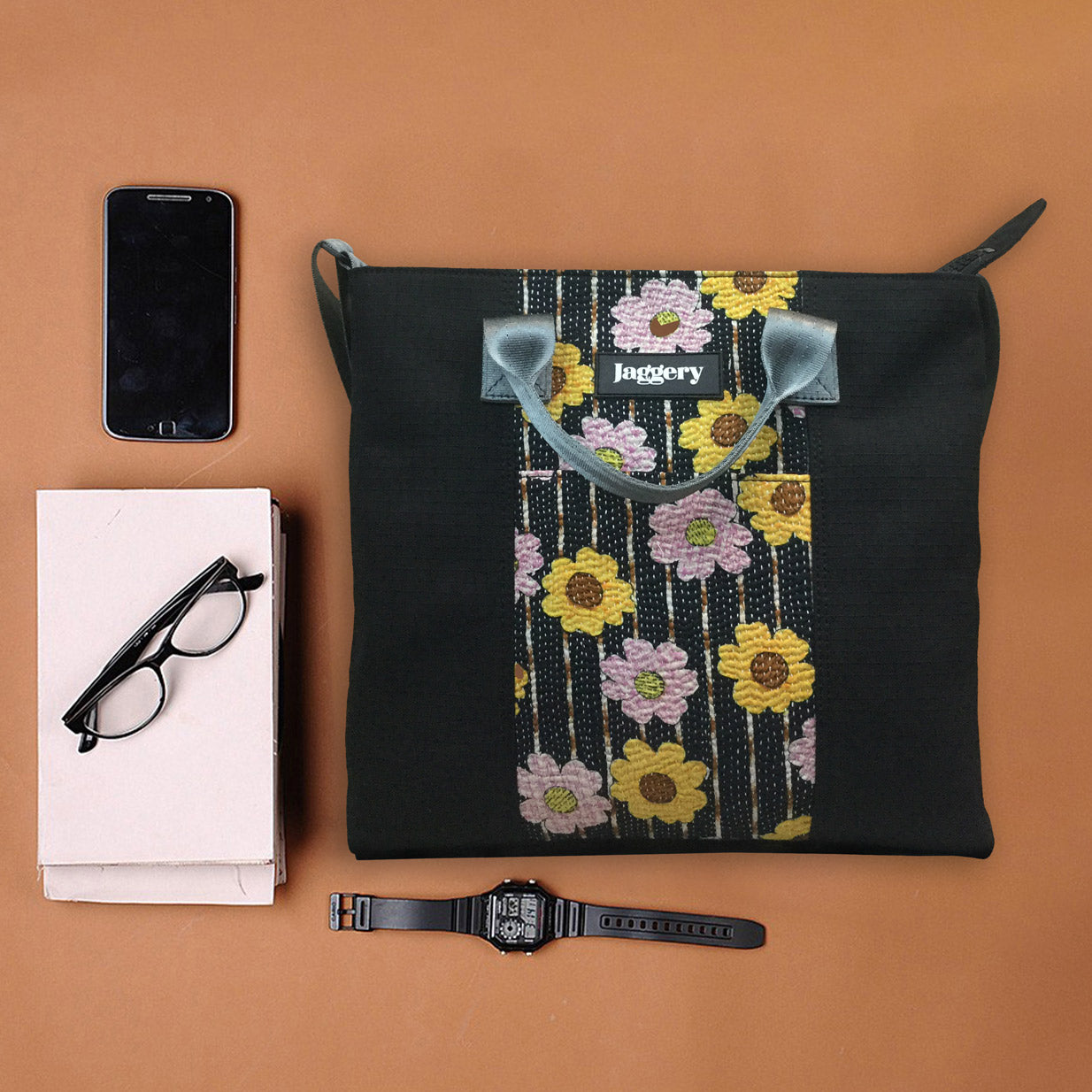 Punar Prayog Chota Messenger Bag in Ex-Army Black Canvas & Vintage Kantha [add on bag]