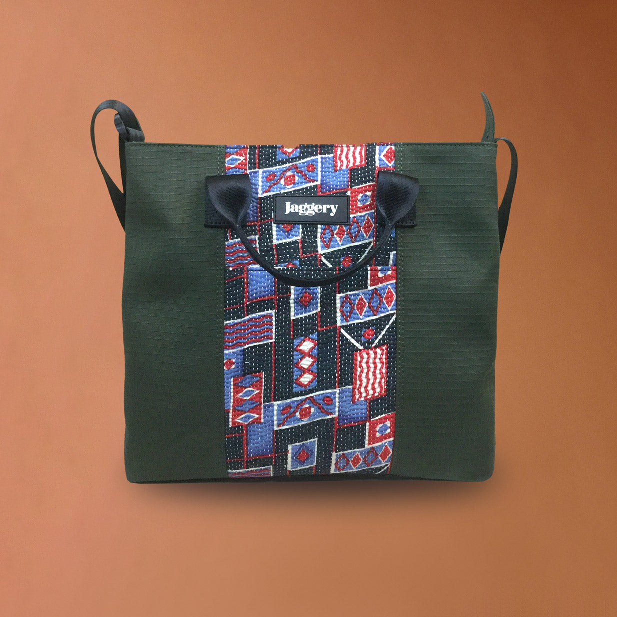 Punar Prayog Chota Messenger Bag in Ex-Army Olive Green Canvas & Kantha [add on bag]
