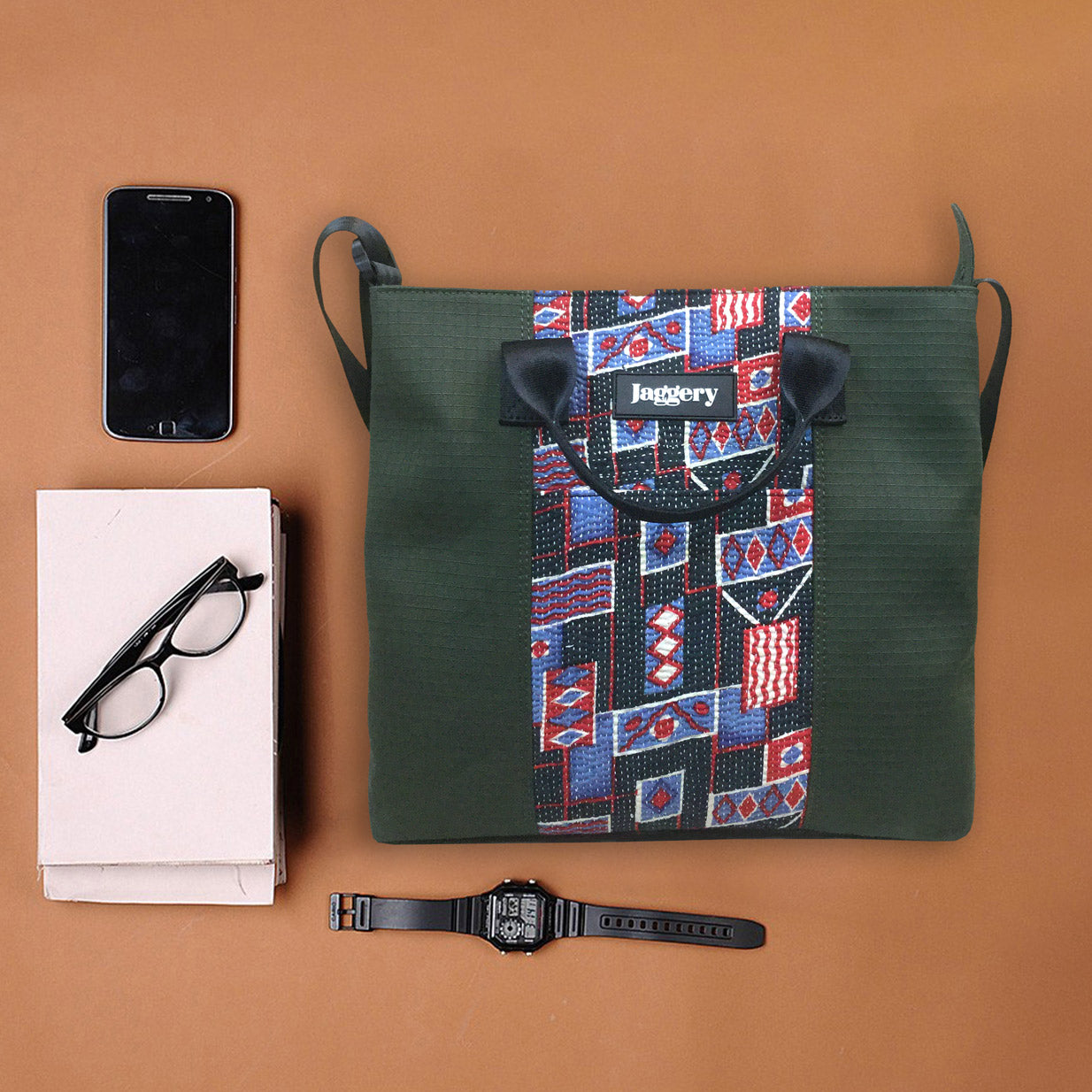 Punar Prayog Chota Messenger Bag in Ex-Army Olive Green Canvas & Kantha [add on bag]