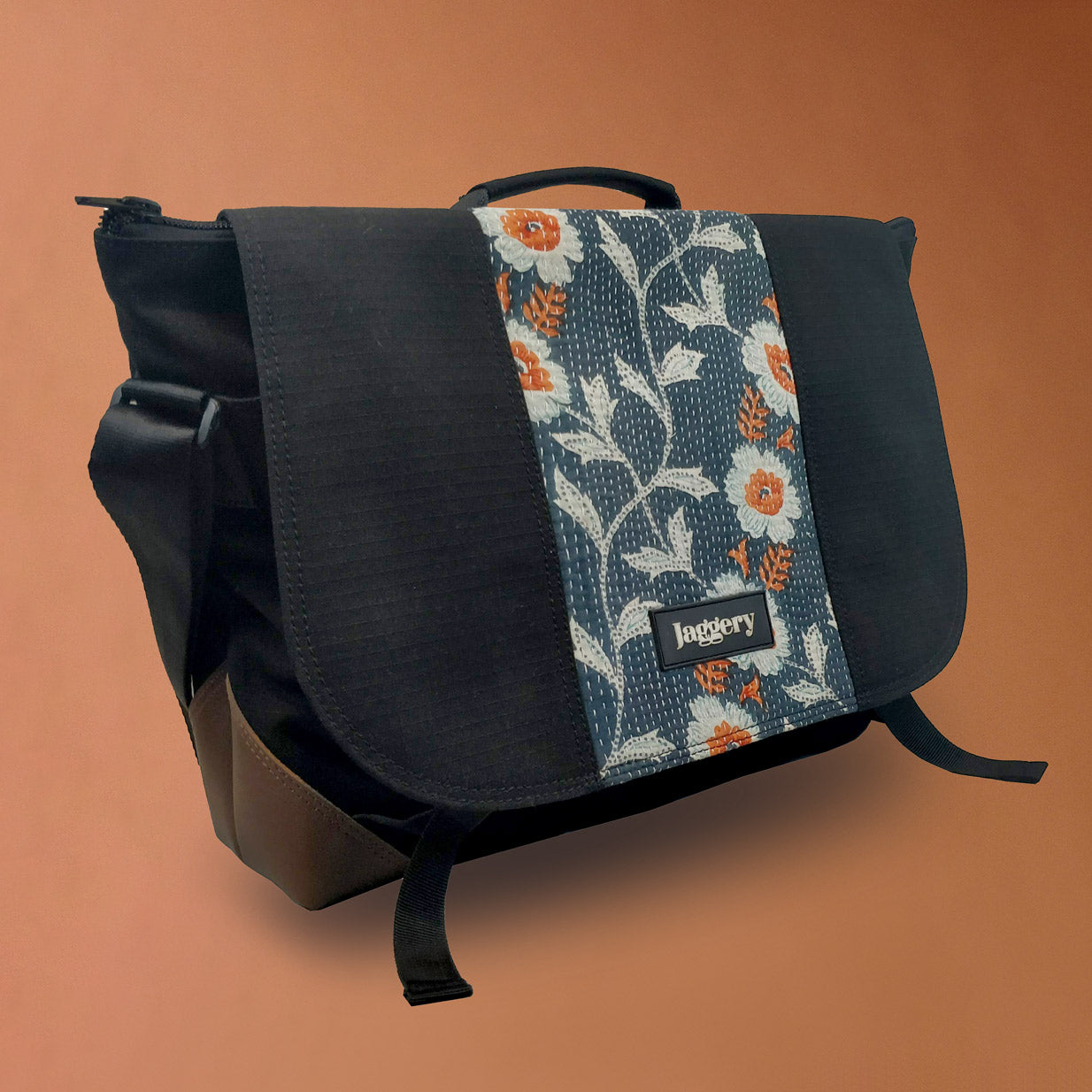 Punar Prayog Doer's Messenger Bag in Ex-Army Black Canvas & Kantha  [15" laptop bag]