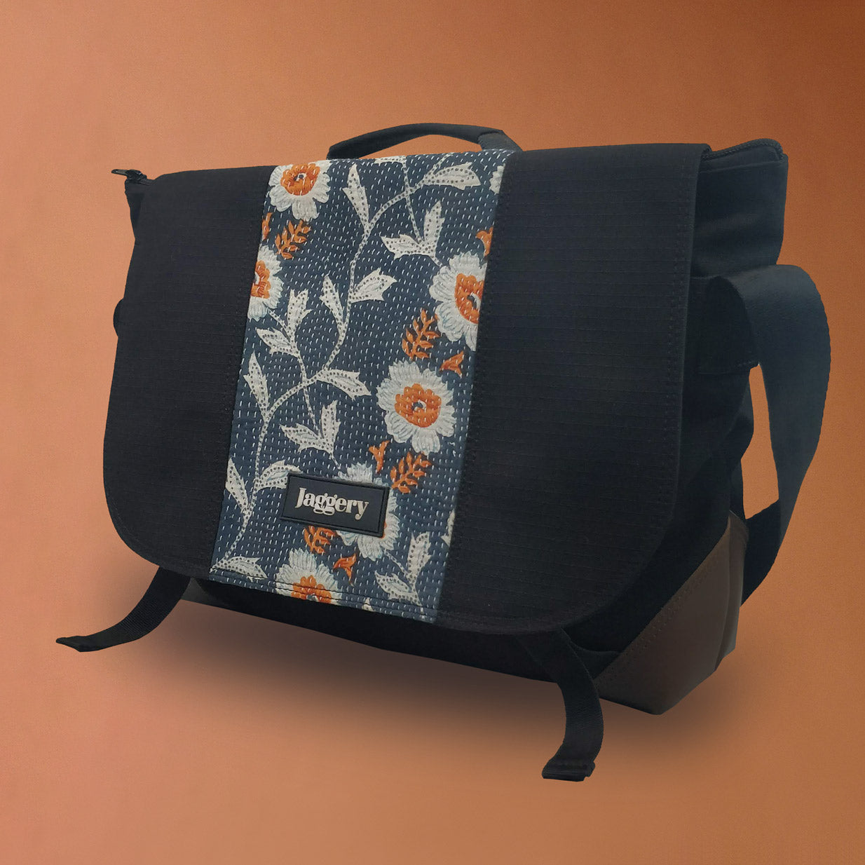 Punar Prayog Doer's Messenger Bag in Ex-Army Black Canvas & Kantha  [15" laptop bag]