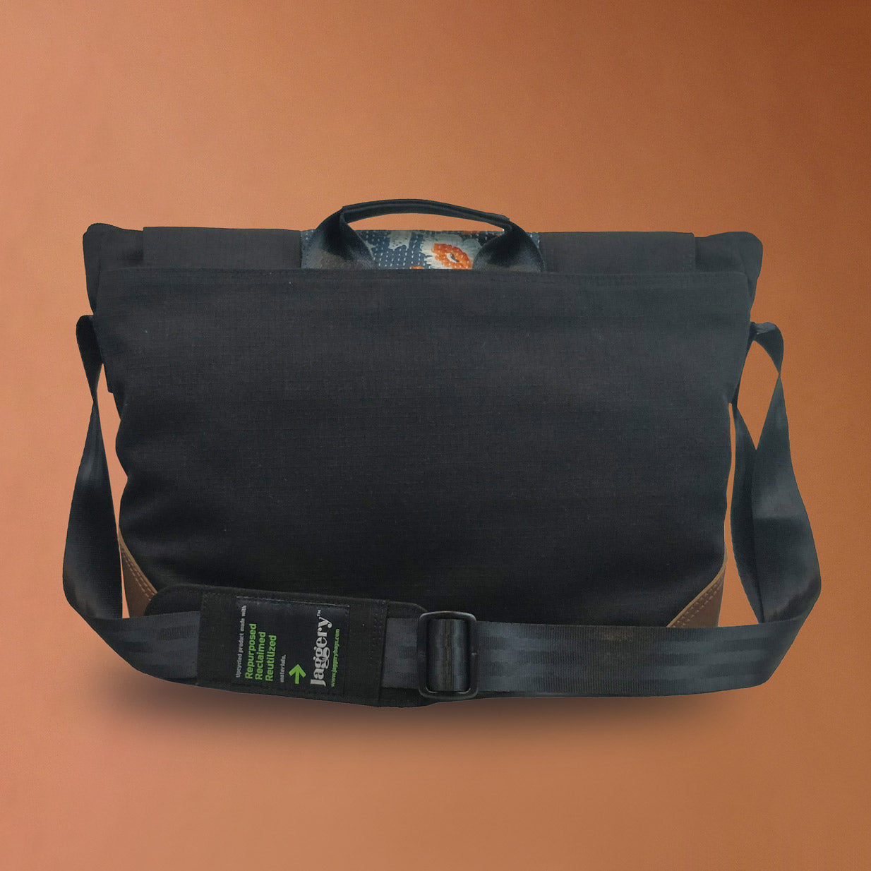 Punar Prayog Doer's Messenger Bag in Ex-Army Black Canvas & Kantha  [15" laptop bag]