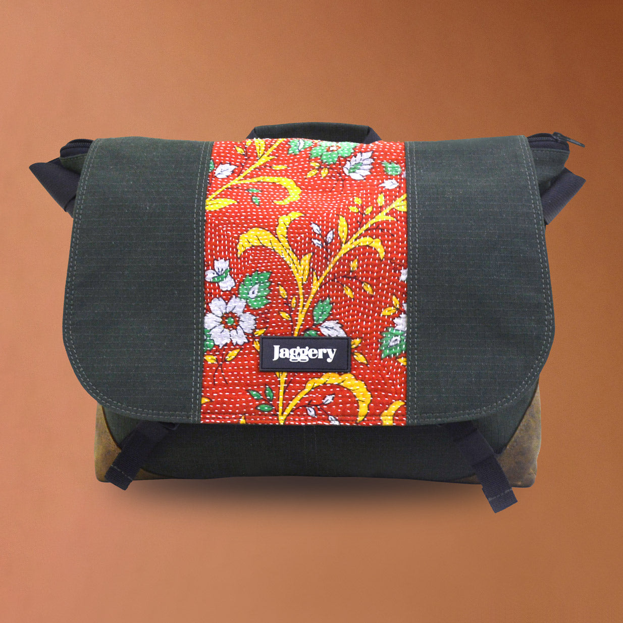 Punar Prayog Doer's Messenger Bag in Ex-Army Olive Green Canvas & Red Kantha  [15" laptop bag]