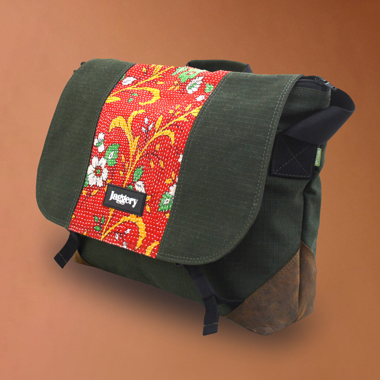Punar Prayog Doer's Messenger Bag in Ex-Army Olive Green Canvas & Red Kantha  [15" laptop bag]