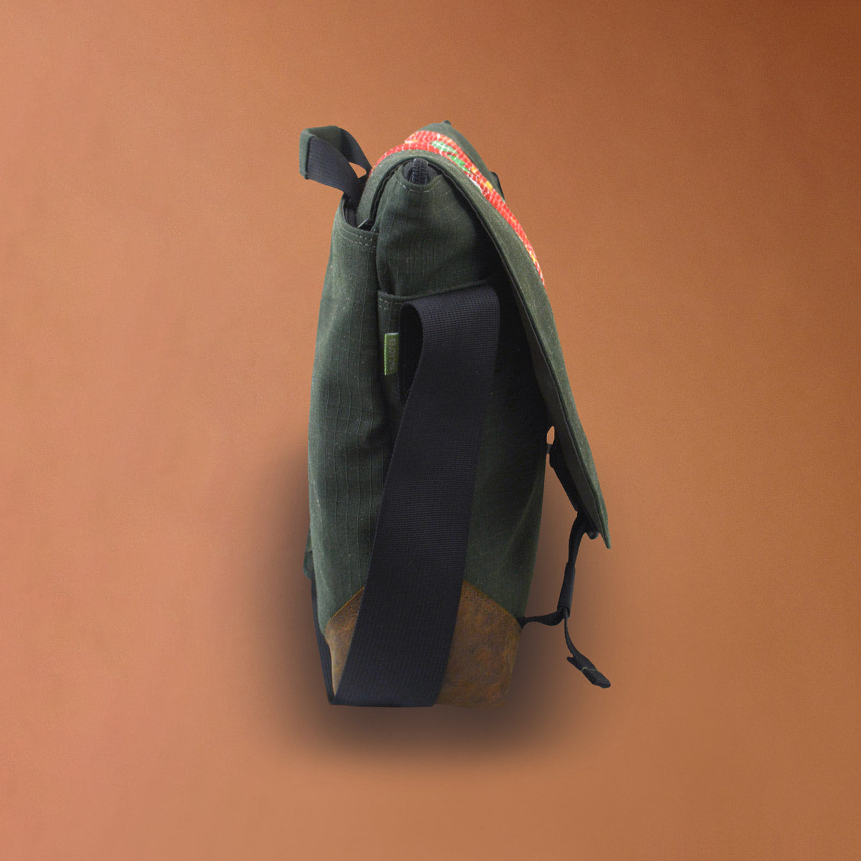 Punar Prayog Doer's Messenger Bag in Ex-Army Olive Green Canvas & Red Kantha  [15" laptop bag]