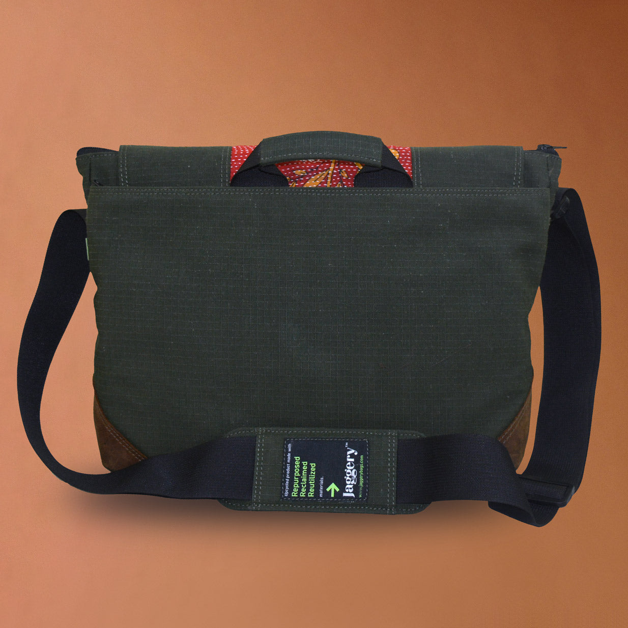 Punar Prayog Doer's Messenger Bag in Ex-Army Olive Green Canvas & Red Kantha  [15" laptop bag]