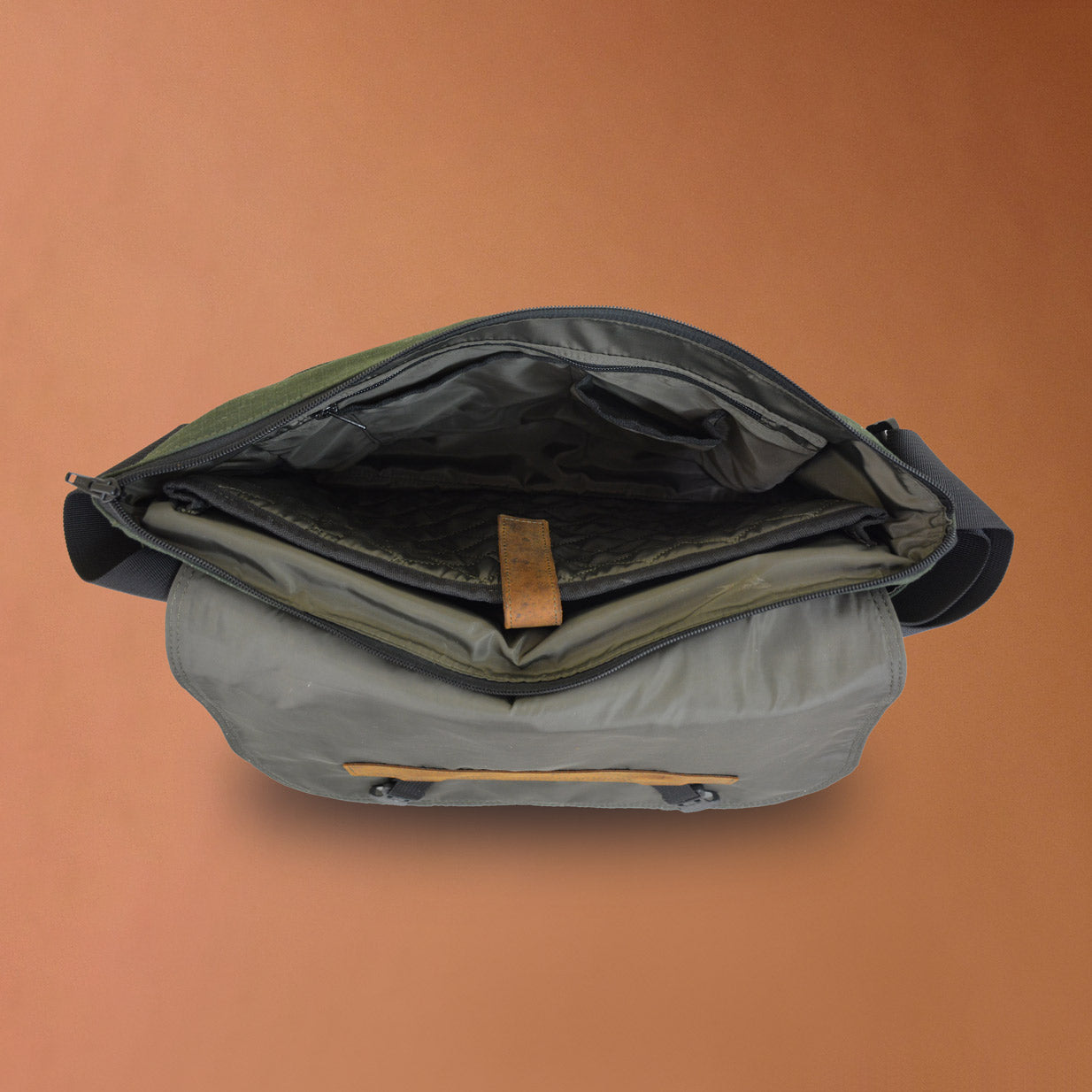 Punar Prayog Doer's Messenger Bag in Ex-Army Olive Green Canvas & Red Kantha  [15" laptop bag]