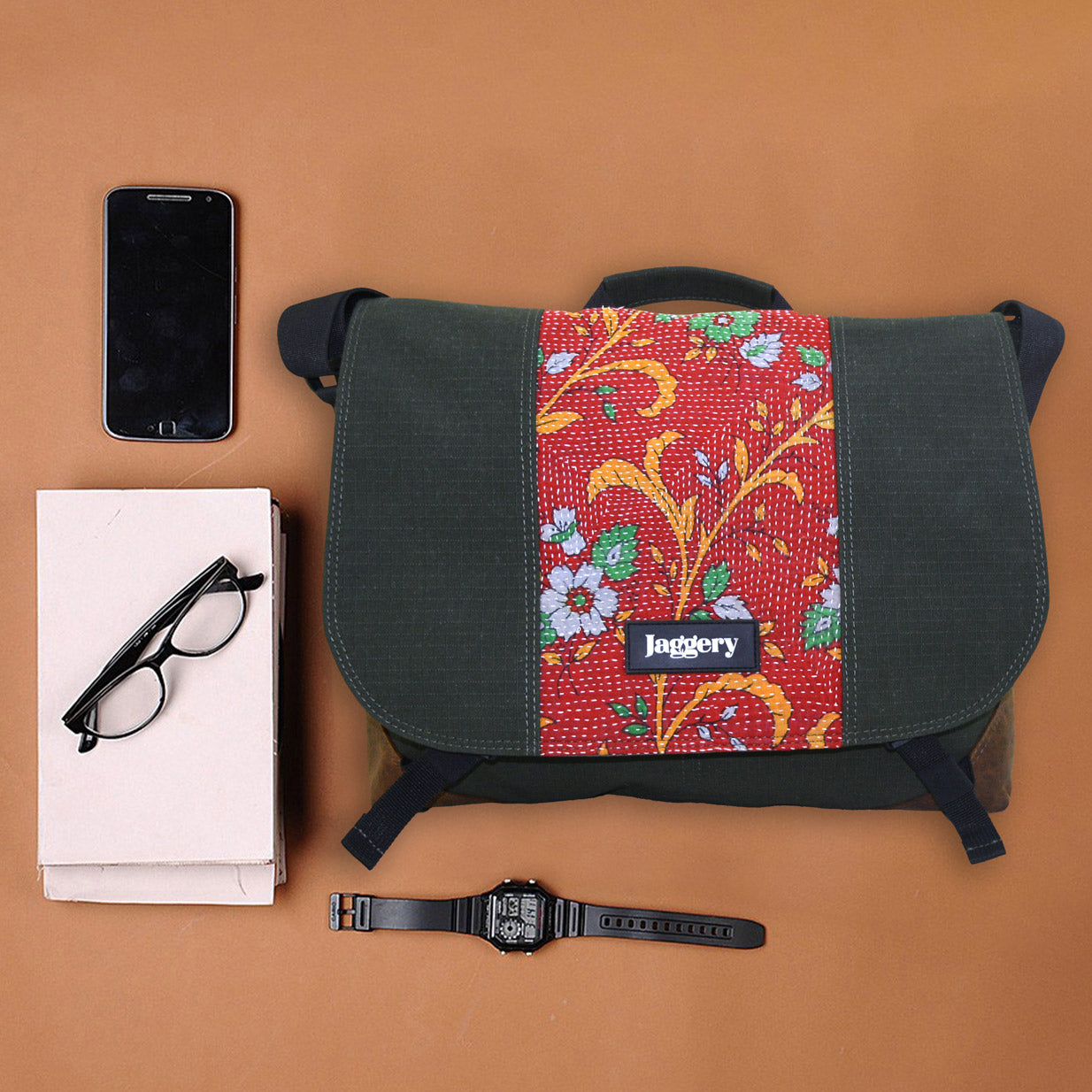 Punar Prayog Doer's Messenger Bag in Ex-Army Olive Green Canvas & Red Kantha  [15" laptop bag]