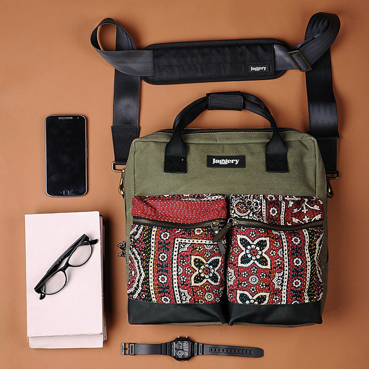 Punar Prayog Pilot's Everyday Bag in Ex-Army Olive Green Canvas, Kantha and Rescued Car Seat Belts [13" laptop bag]