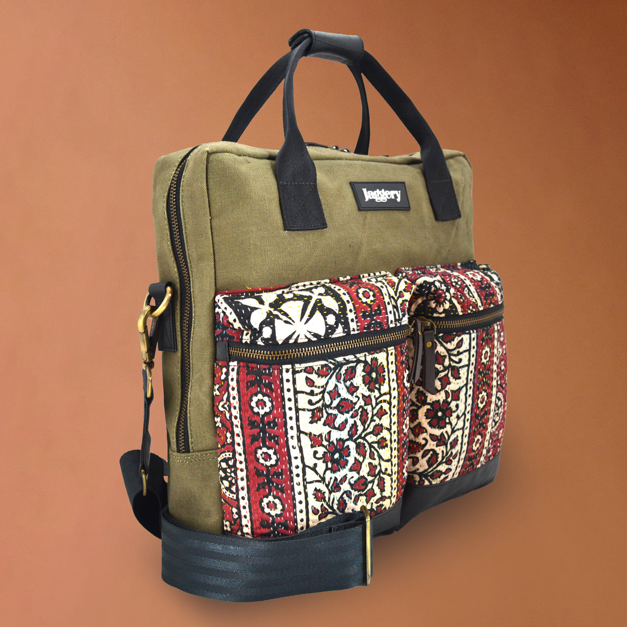 Punar Prayog Pilot's Everyday Bag in Ex-Army Olive Green Canvas, Kantha and Rescued Car Seat Belts [13" laptop bag]