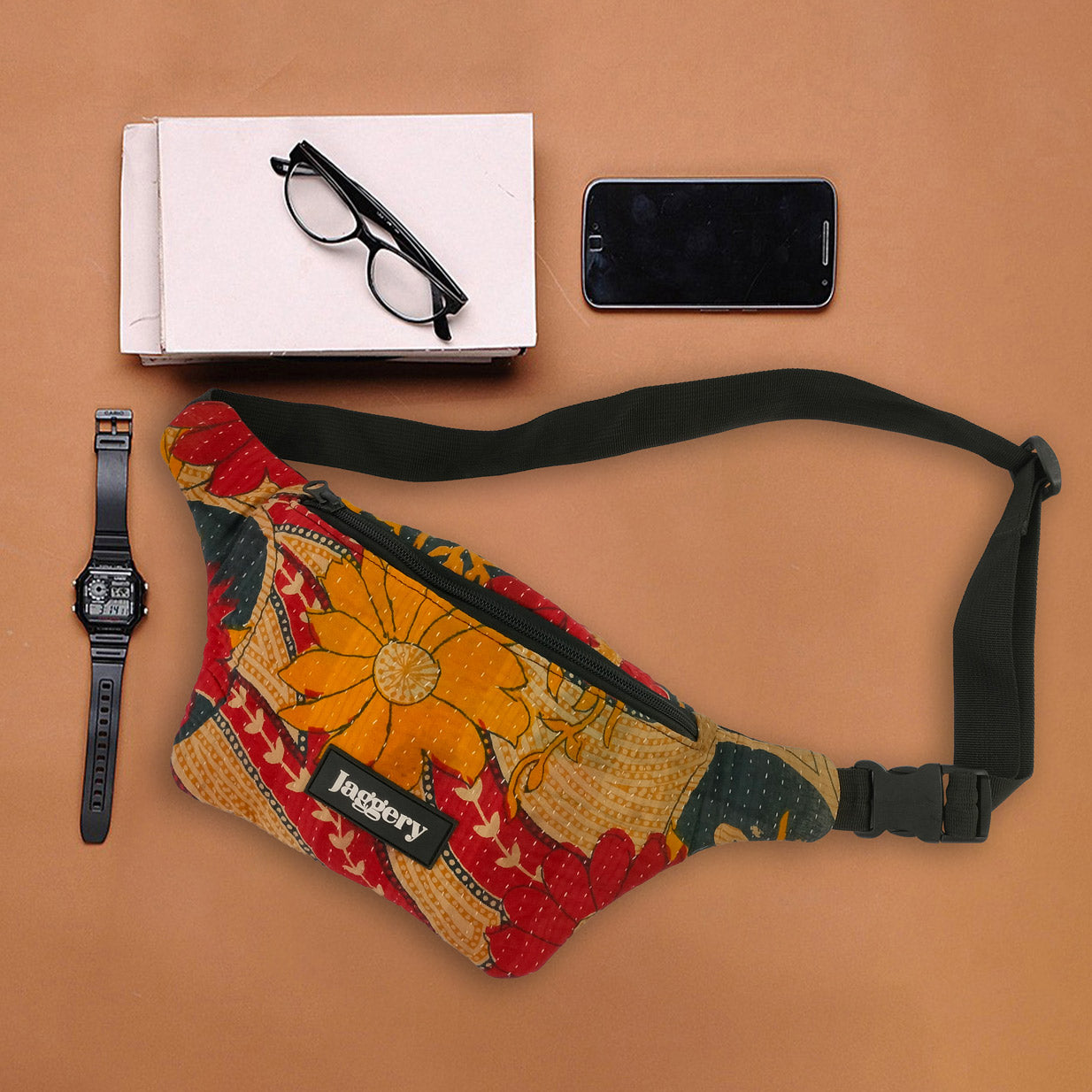 Punar Prayog Cross Body Bag in Kantha, Ex-Army Canvas and Rescued Car Seat Belts