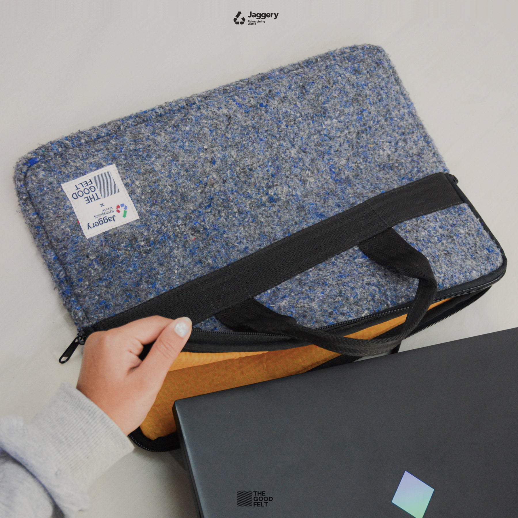 The Good Laptop Sleeve (15") in Grey Felt and Rescued Black Car Seat Belts