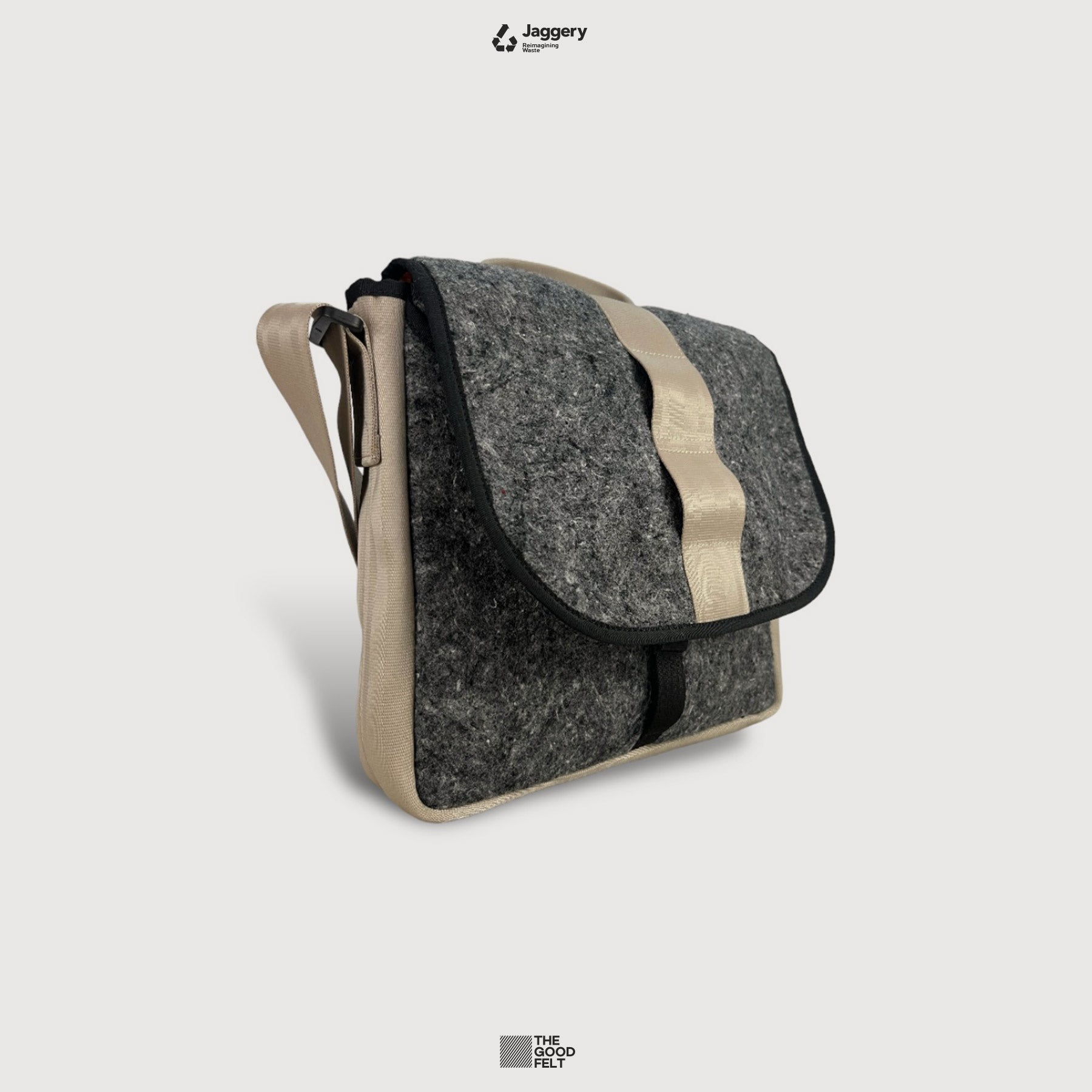 The Good Satchel in Grey Felt and Rescued Beige Car Seat Belts [10" Cafe Bag]