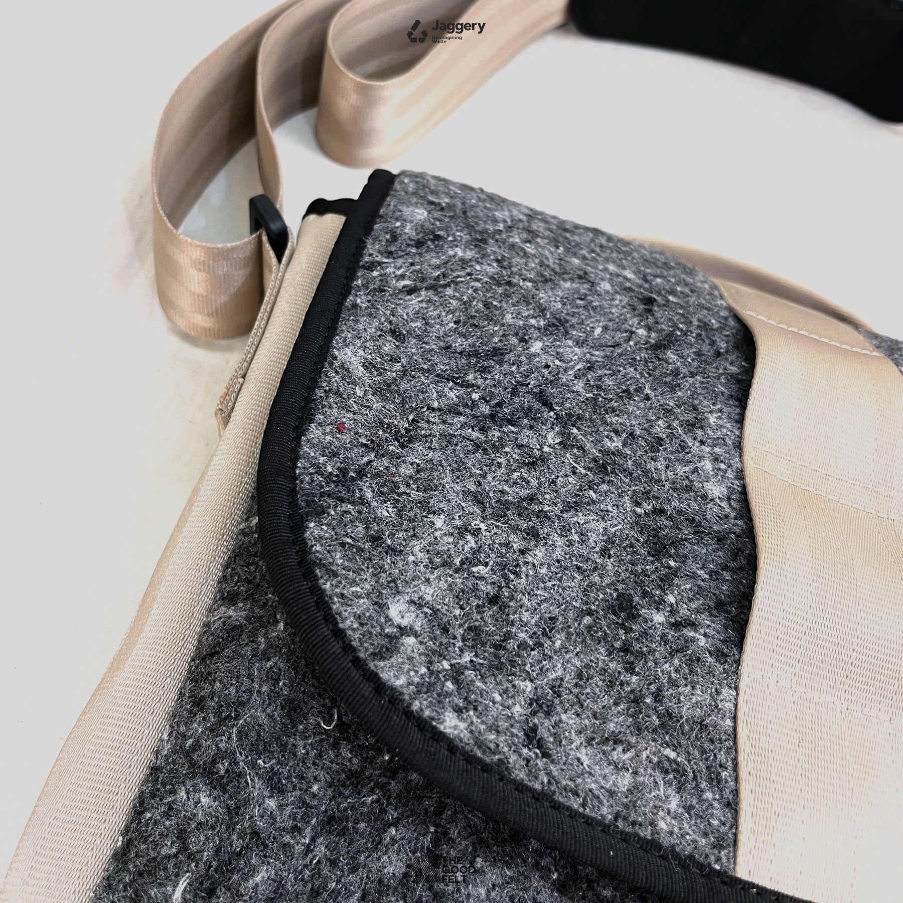 The Good Satchel in Grey Felt and Rescued Beige Car Seat Belts [10" Cafe Bag]
