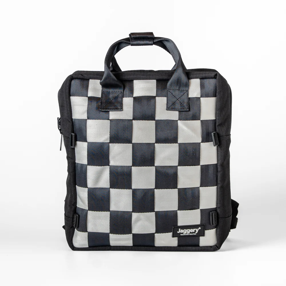 Pixel Backpack 15" in Rescued Black & White Car Seat Belts