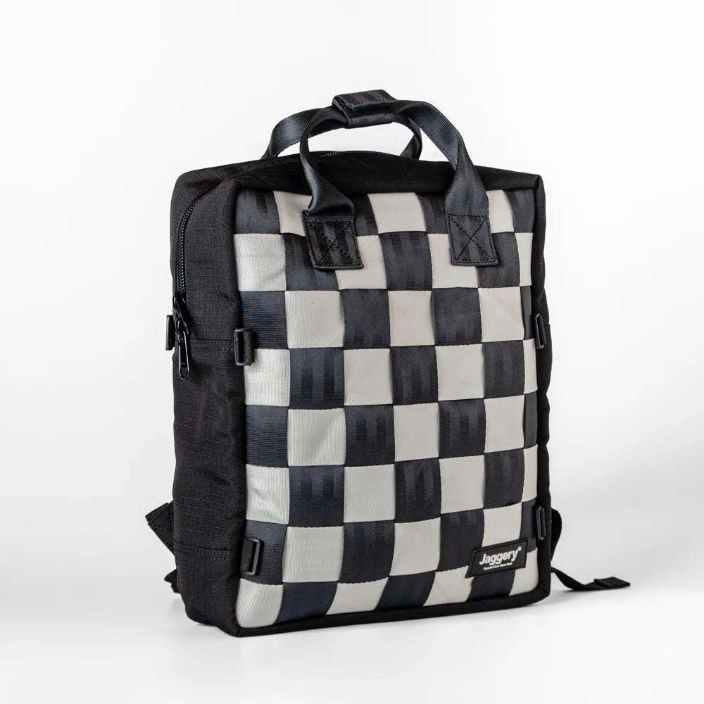 Pixel Backpack 15" in Rescued Black & White Car Seat Belts