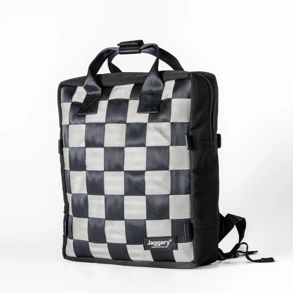 Pixel Backpack 15" in Rescued Black & White Car Seat Belts