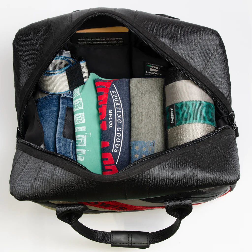Museum of Fade Carry-On Buddy Duffle Bag in Ex-Bouncy Castle and Rescued Car Seat Belts