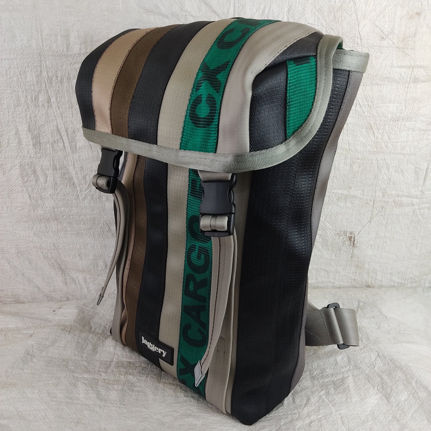 Heryana Fausto Backpack in Green Ex-Cargo Belts and Rescued Car Seat Belts [15"laptop bag]